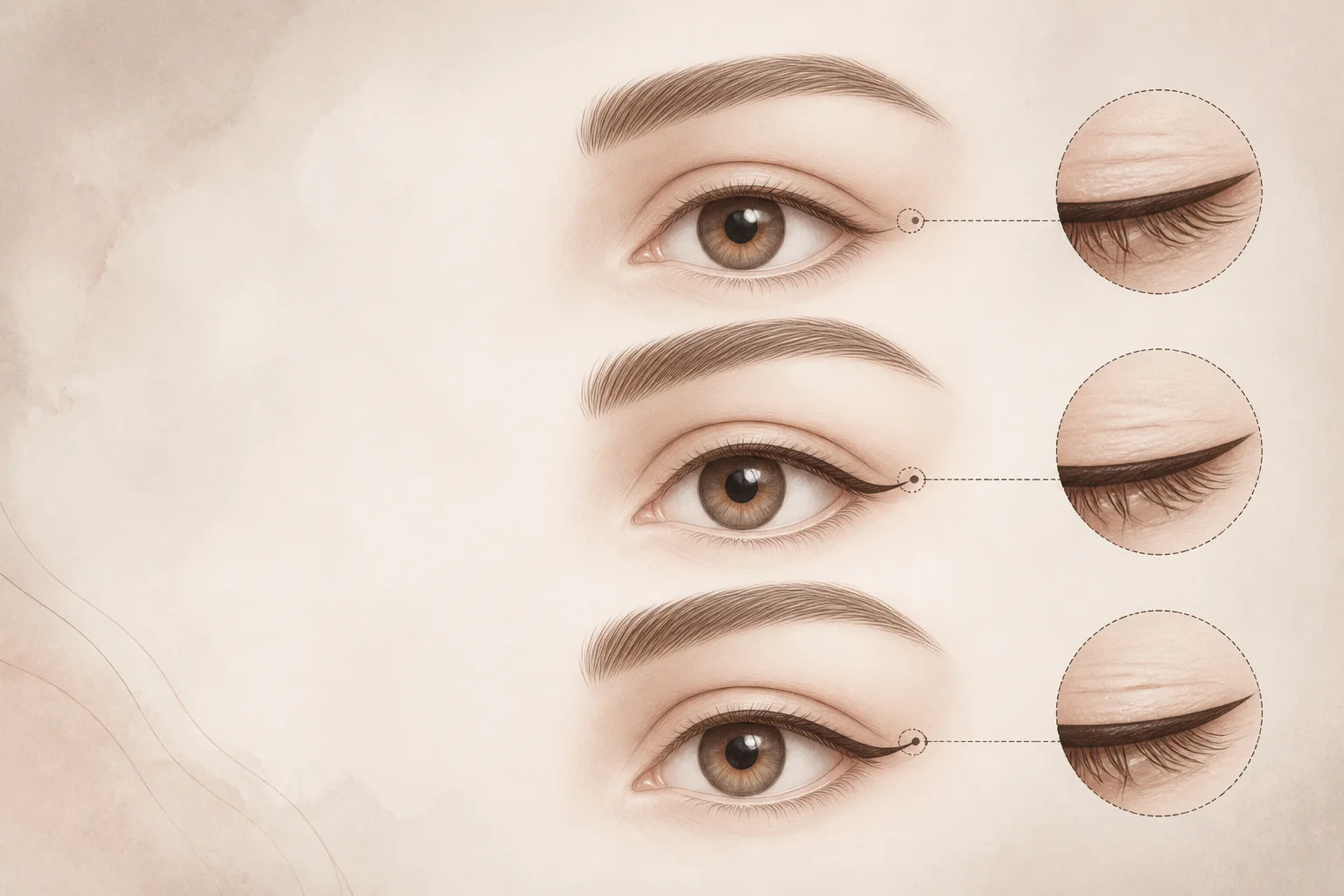Dipliner, babyliner ve eyeliner çizgi farklarını karşılaştıran editoryal şema